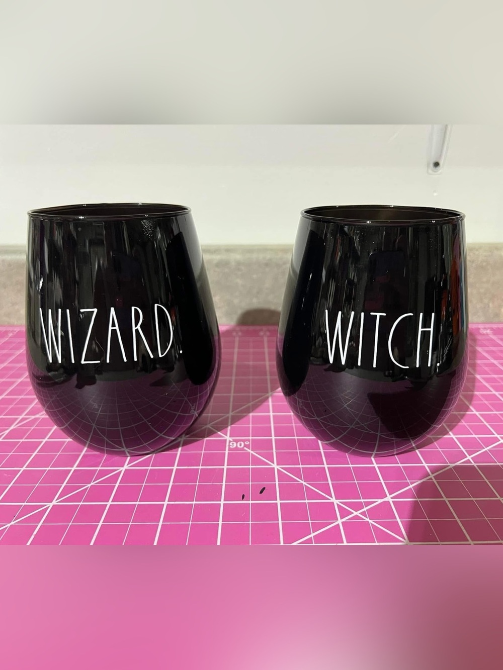 Rae Dunn Set of 2 Black "Wizard" and "Witch" Stemless Wine Tumblers